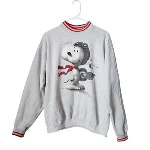 SNOOPY World War I Flying Ace‎ Grey Red Crewneck Pullover Ringer Sweatshirt L